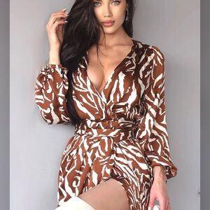 Fashion Nova Brown and White Wrap Dress with Bishop Sleeves
